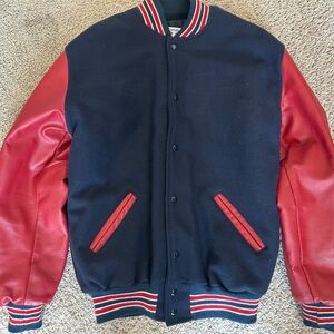 Varsity Jacket with Red Leather Sleeves and Navy Wool Body, size L long